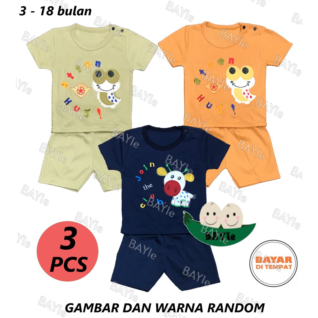 BAYIe - 3 SET Setelan Kaos Oblong Bayi / Anak Lengan PENDEK Motif RANDOM ED-RI-CA umur 3 - 18 bulan