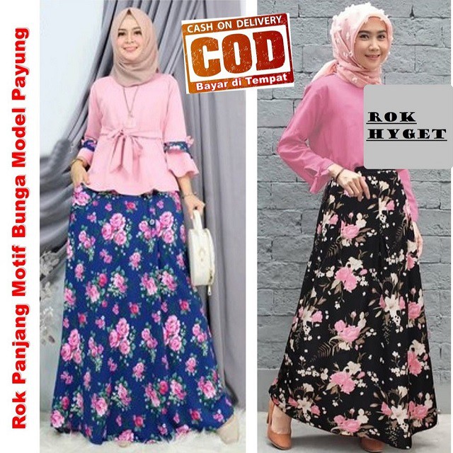 Rok Panjang HYGET Wanita Model Longgar Pinggang Karet Motif Bunga , Sultan , Hitam Maron Gaya Korean