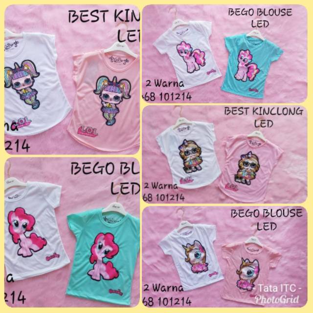 Kaos anak cewek Coco Ice LED/Lampu Bisa Nyala : LOL, Unicorn, Little Pony Uk 1-7th