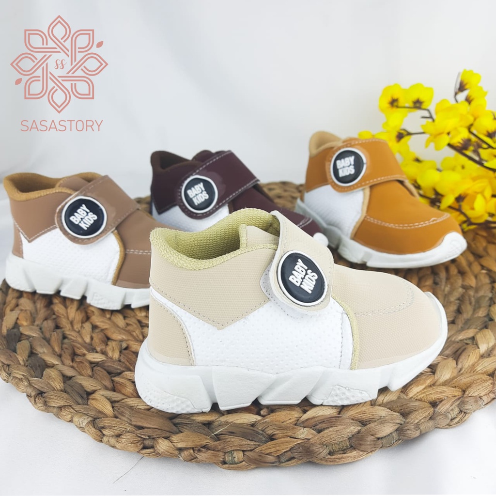 Sasastory Sepatu Sneaker Anak Laki Laki Perempuan Usia 1 2 3 Tahun Krem Maroon Tan Coklat CA19