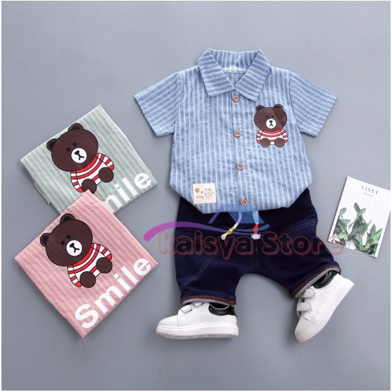 KSY BAJU KEMEJA ANAK TEDDY SMILE kemeja anak + celana pendek dongker KEREN