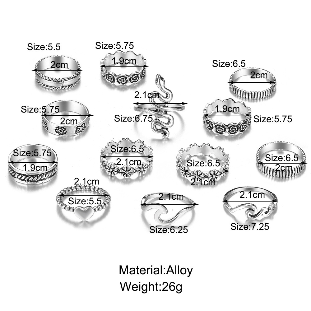 [ACKER] 13 Pcs/set Set Cincin Bergelombang Bunga Ular Perak Vintage Untuk Wanita