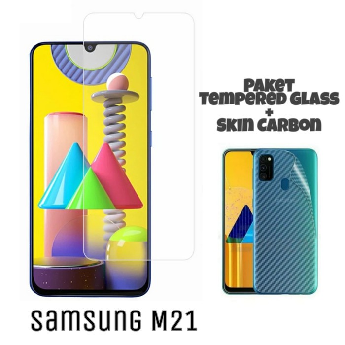 Tempered Glass SAMSUNG M21 Paket Back Skin Carbon Handphone Garskin Transparant