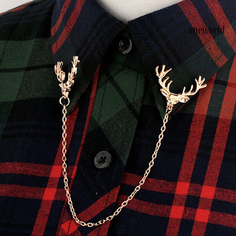 OW@ Fashion Men Women Shirt Suit Collar Deer Head Brooch Pin with Long Chain Gift