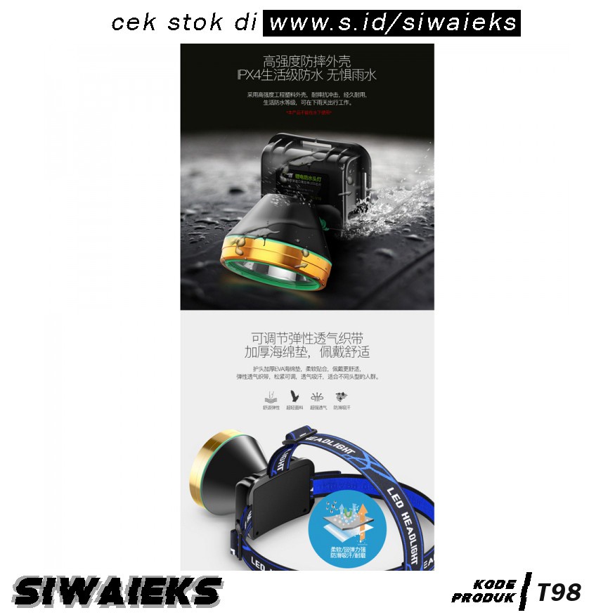 GS8 Senter LED Headlamp Ikat Dahi T98 ANLOOK TG28 Black