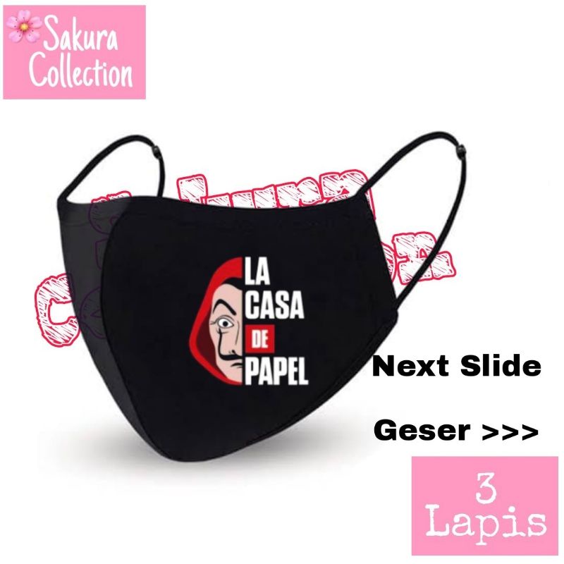 Masker kain 3 lapis - MONEY HEIST - LA CASA DE PAPEL - LA CASA DE QUARANTINE / EARLOOP HITAM 3PLY