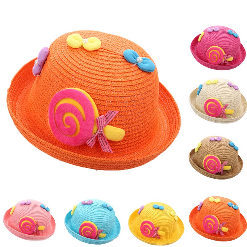 Topi Anak Dengan Bahan Jerami Dan Gambar Kartun Lollipop Warna Warni Untuk Pantai Outdoor