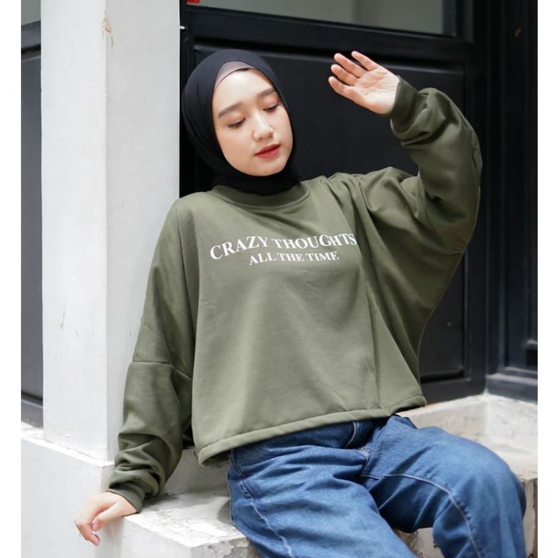 sweater crazy thought mint crop cropped mocca coklat swag Harajuku// crewneck sweetshirt wanita pria perempuan laki cewe cowo unisex bahan fleece// sweater distro viral// Women Man Sweatshirts Loose Oversize Pullover print sablon