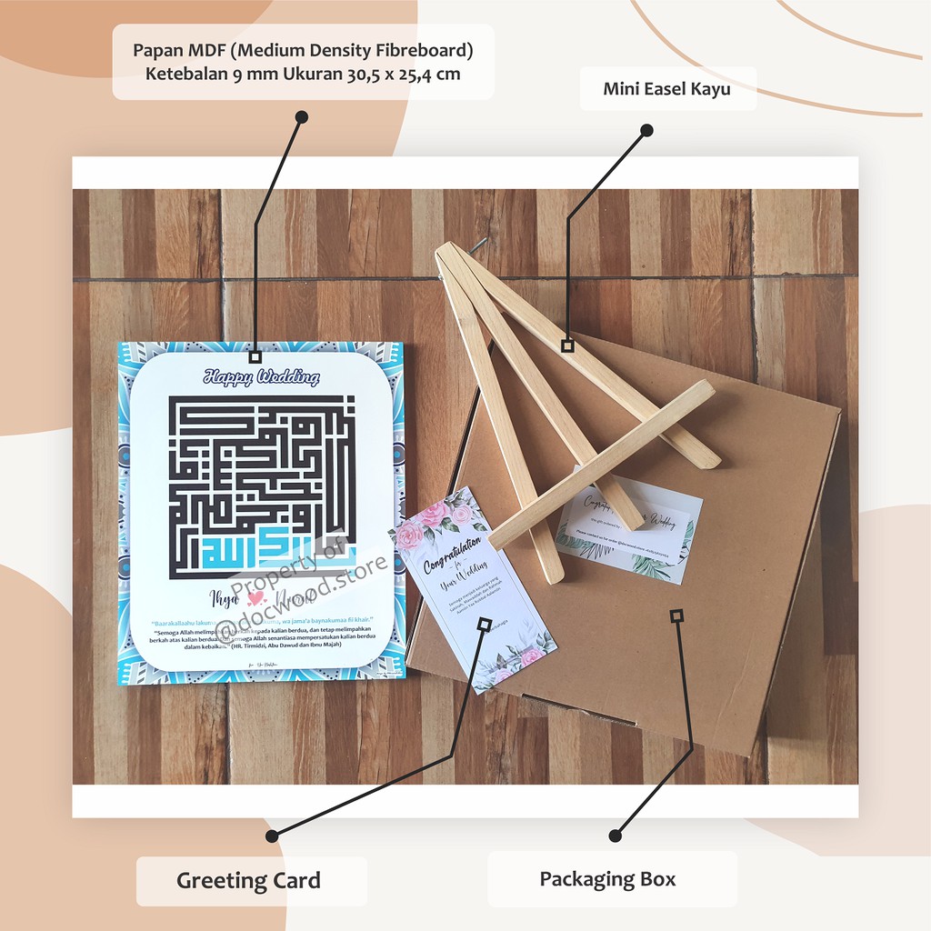 HADIAH PERNIKAHAN - (KALIGRAFI KUFI DOA NIKAH - BARAKALLAH + INCLUDE STAND EASEL) - PREMIUM PACKAGE