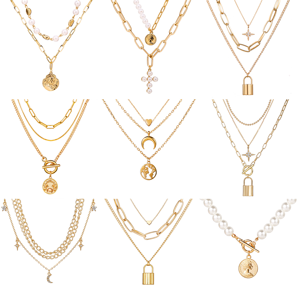 Vintage Gold Multi-layer Necklace Fashion Coin Cross Portrait Combination Chain Women Accessories