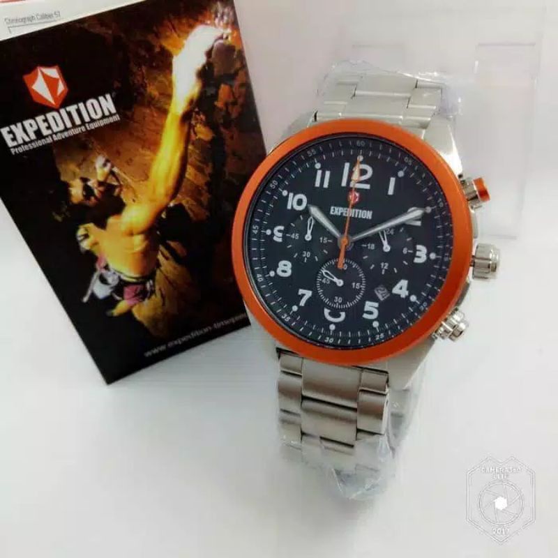 JAM TANGAN EXPEDITION EXP 6653 E6653 PRIA SILVER BLACK  RING ORANGE ORIGINAL