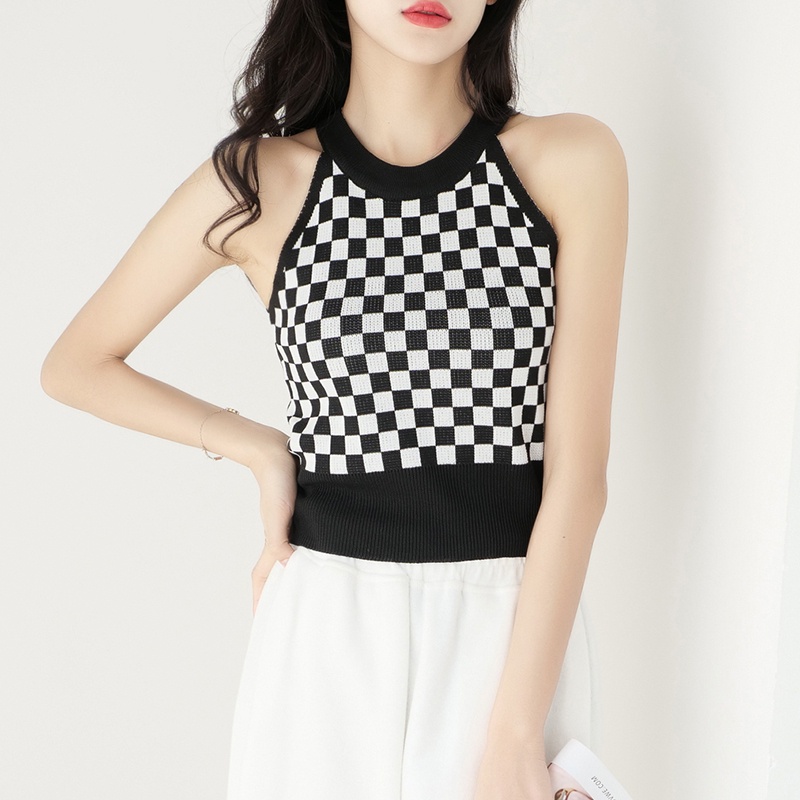 【Elegant】 Sleeveless Round Neck Letter Short Knitted Vest   7386