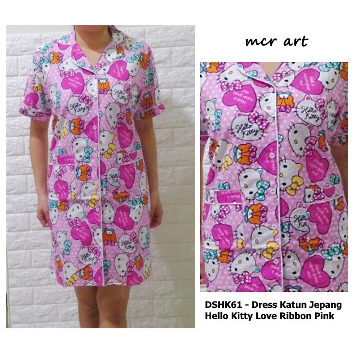 Dress Katun Jepang Hello Kitty Love Ribbon Pink