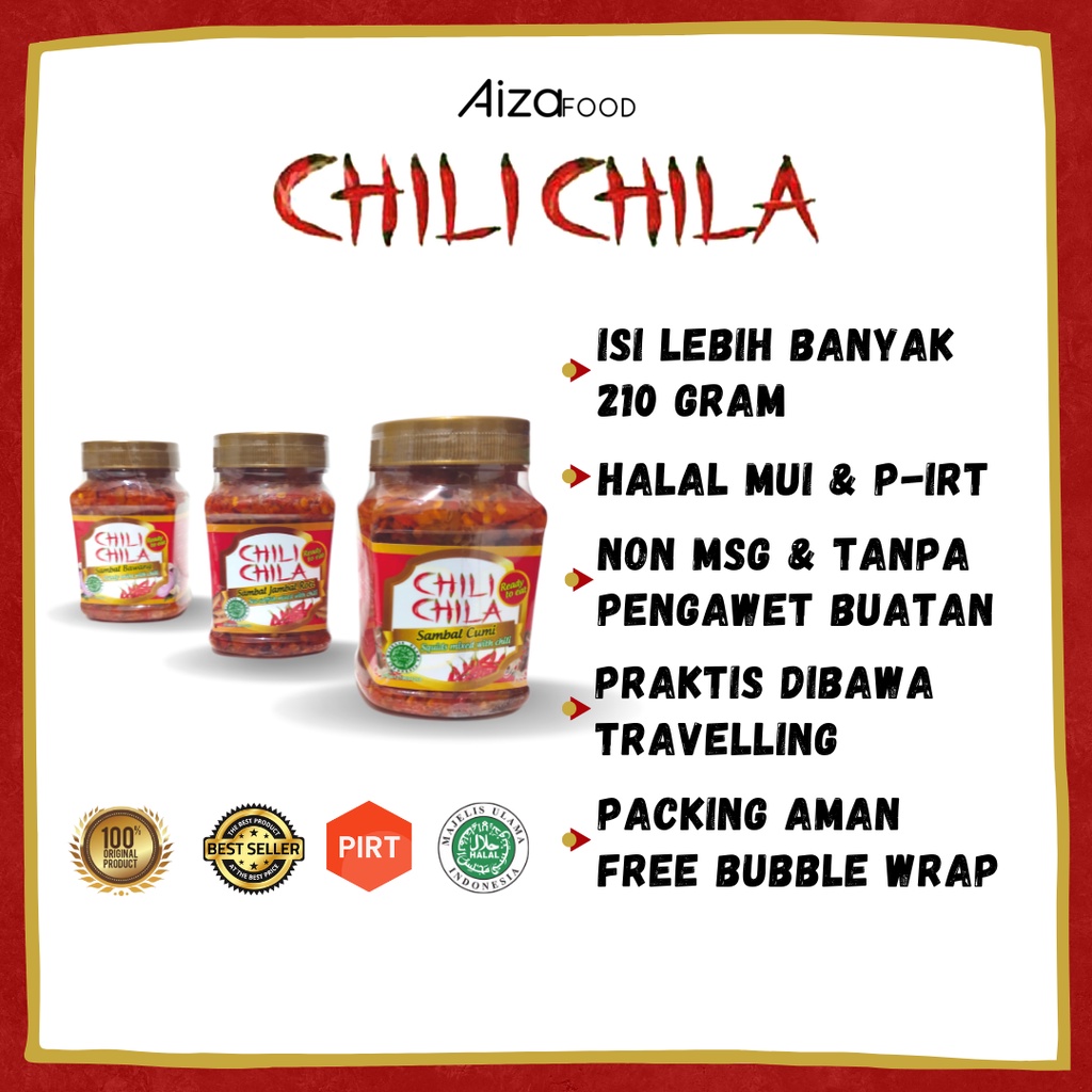 

AIZA FOOD - SAMBAL CHILI CHILA ISI BANYAK 210 GRAM READY TO EAT SAMBEL Cumi Roa Andaliman Teri Kecombrang Oncom Matah No Gula Tanpa MSG non Pengawet buatan Halal MUI