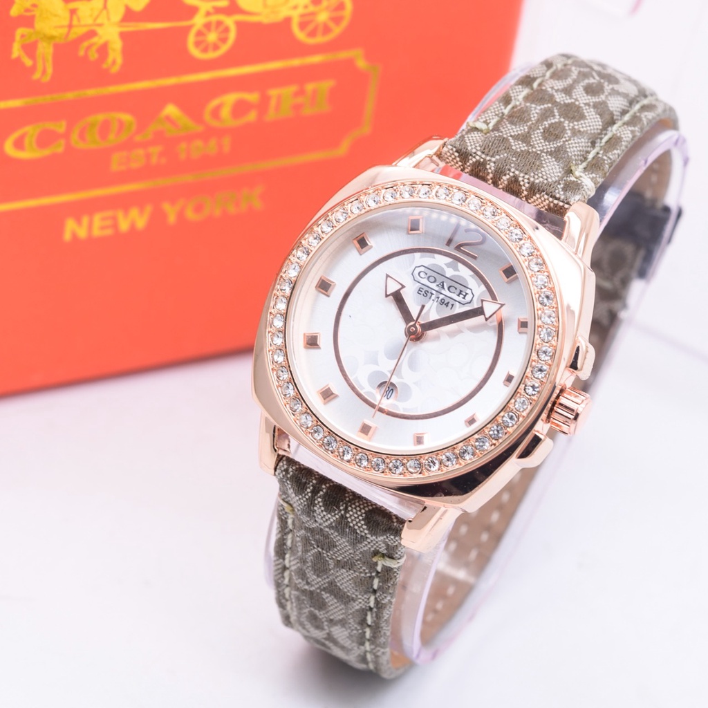 Jam tangan Wanita COACH Kulit Mini Boyfriend Diamond Tanggal Aktif Strap Leather Include BOX Origina