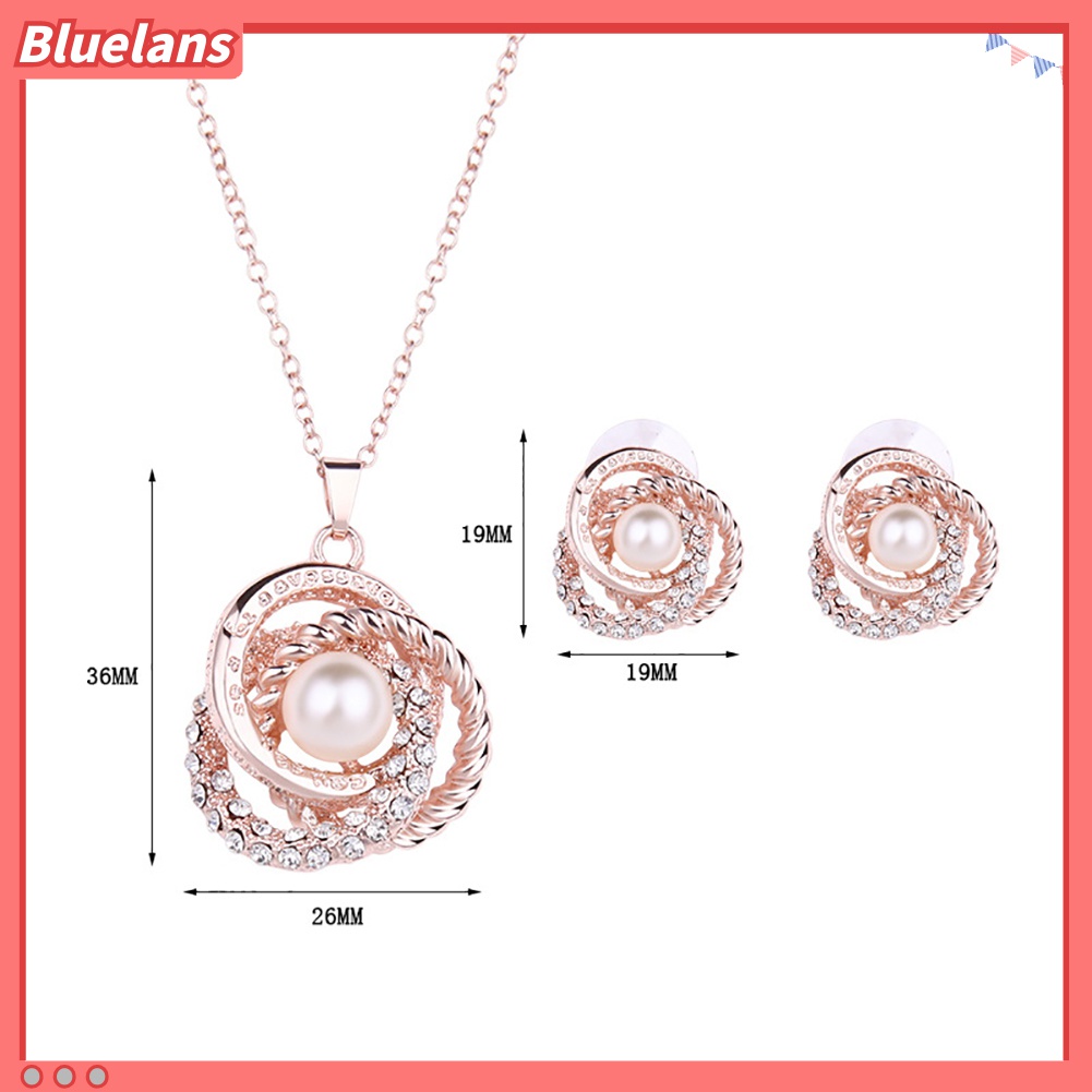 Set Kalung Anting Stud Hias Mutiara Berlian Imitasi Untuk Wanita