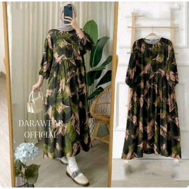 MIDI DRESS MOTIF DAUN KATUN RAYON [DARAWEAR]