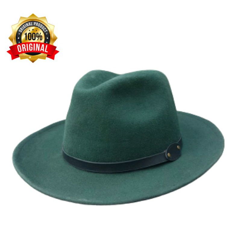 Topi Laken Fedora Panama Warna Hijau Botol Topi Pria Estetik Topi Laken Bahan Kulit Asli Topi Koboy 