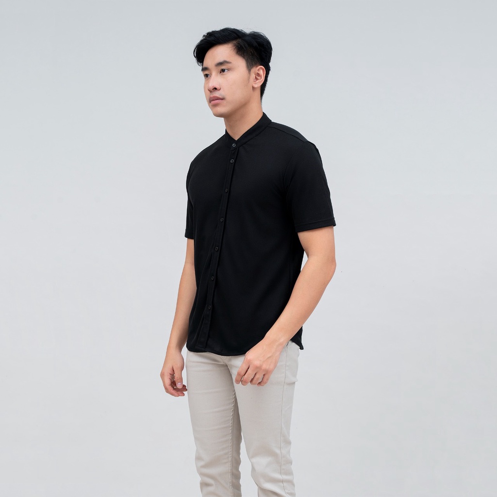 BROGUY Kemeja Pria Lengan Pendek Kerah Sanghai Casual Polos Slimfit Size M - XXL HITAM