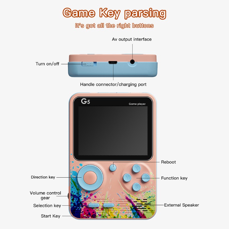 Gameboy G5 Console Portable Game Player Built-in Classic 500 Games Connect to TV or Gamepad 1000mAh 1 Player/2 Player Hadiah yang sempurna(Hanya beberapa game dua pemain yang dapat menggunakan stick)