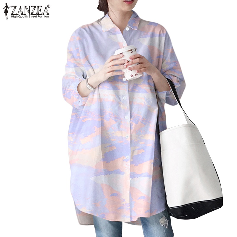 ZANZEA Spring Women Blouse Turn Down Collar Printed Full Sleeve Casual Holiday Daily Shirt