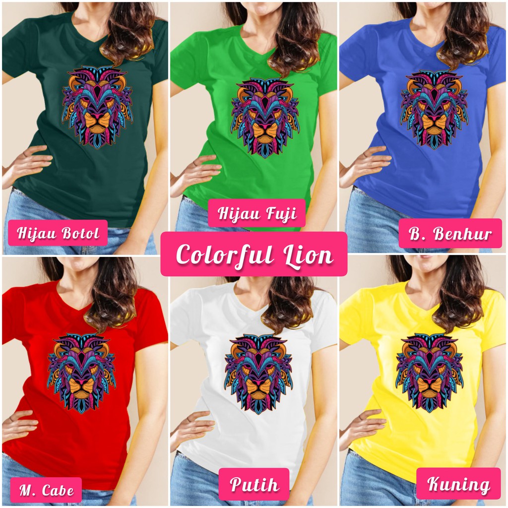 SOUTH FORMED COLORFUL LION KAOS V NECK / O NECK KATUN PREMIUM ADEM WANITA / CEWEK MOTIF / GAMBAR