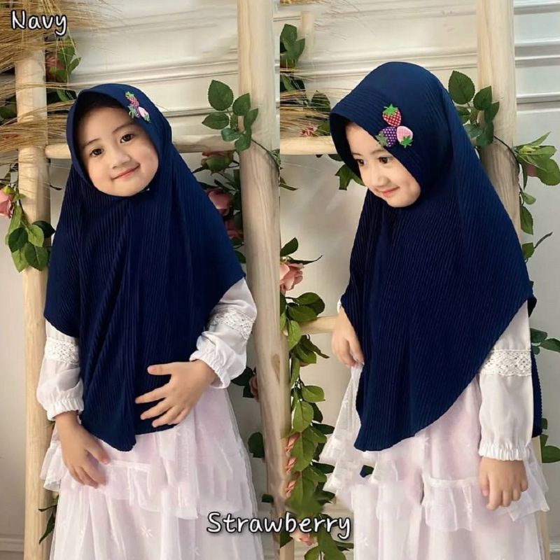 Jilbab plisket anak strawberry warna navy