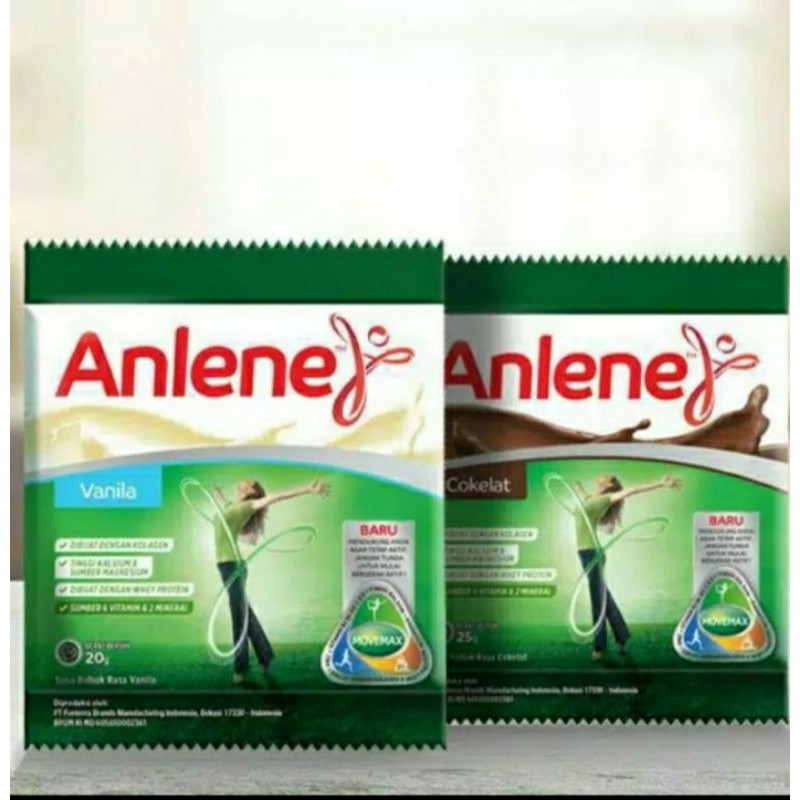 

Susu anlene rasa vanilla 20 gram dan rasa coklat 25 gram per sachet