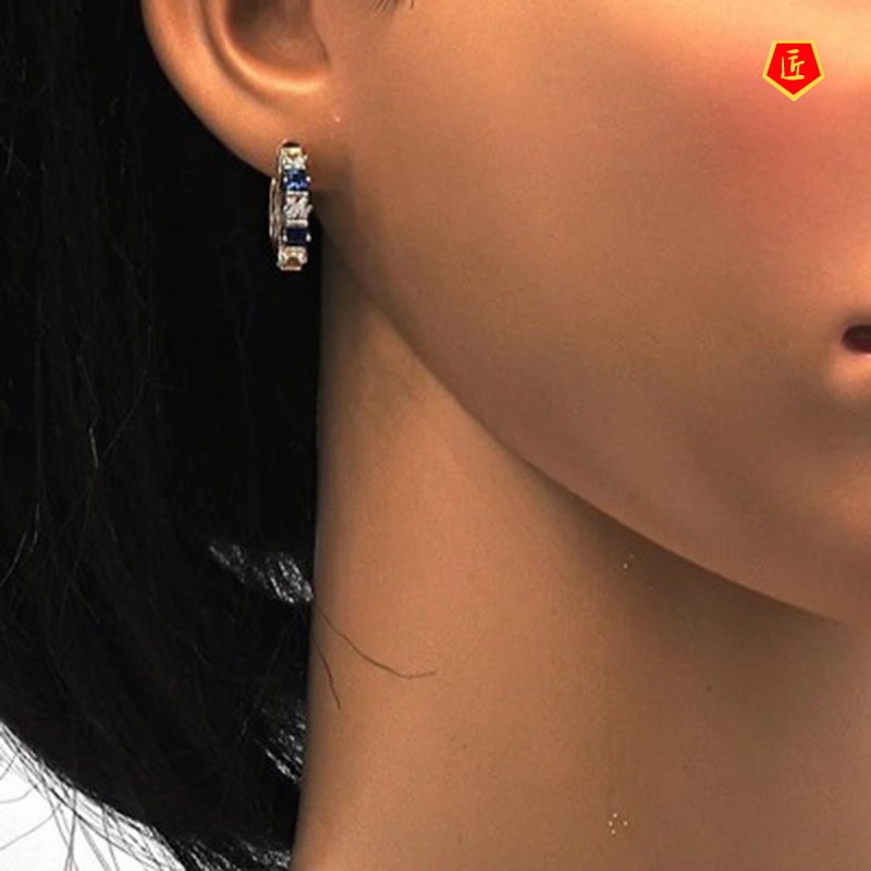 [Ready Stock]18K Gold Inlaid Sapphire Square Diamond Earrings