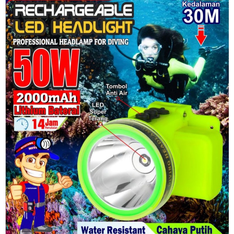 Mitsuyama Senter Kepala Selam MS-218P 50W Reghargeable - Senter Selam Kedalaman 30 Meter Water Resistant Cahaya Putih - Senter Diving 50Watt