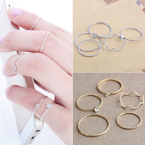 Hu Hu Hu Hu Hu Alat Bantu Pasang Kacamata♡ 5pcs / Set Cincin Buku Jari Aneka Bentuk Warna Gold / Silver Untuk Wanita