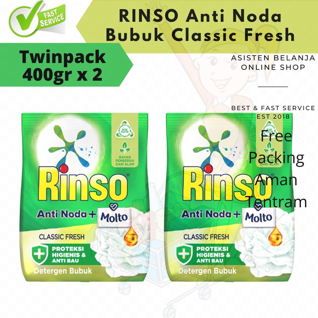 RINSO Anti Noda Classic Fresh + MOLTO 440gr x2gr = 880gr gram Bubuk Deterjen Detergen Sabun Cuci Baju