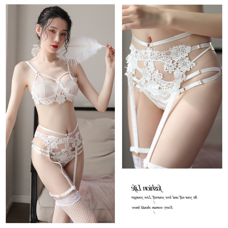 (COD) Bra Sexy Set Lingerie G String Wanita Lace Sleepwear dan Stoking Garter Belt Lingerie B017