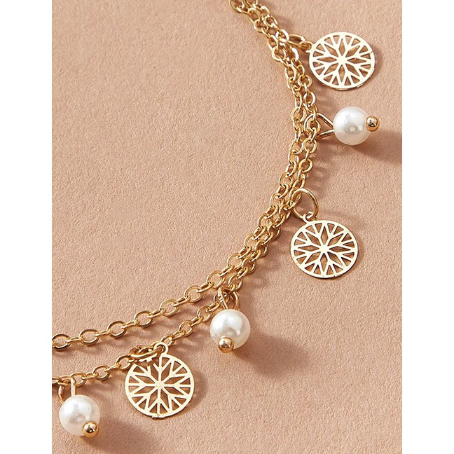 LRC Gelang Tangan Fashion Golden Pearl Round Hollow Flower Tassel Anklet Set P06531