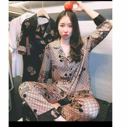 Piyama/baju tidur wanita import mickey gucci bahan satin cokelat