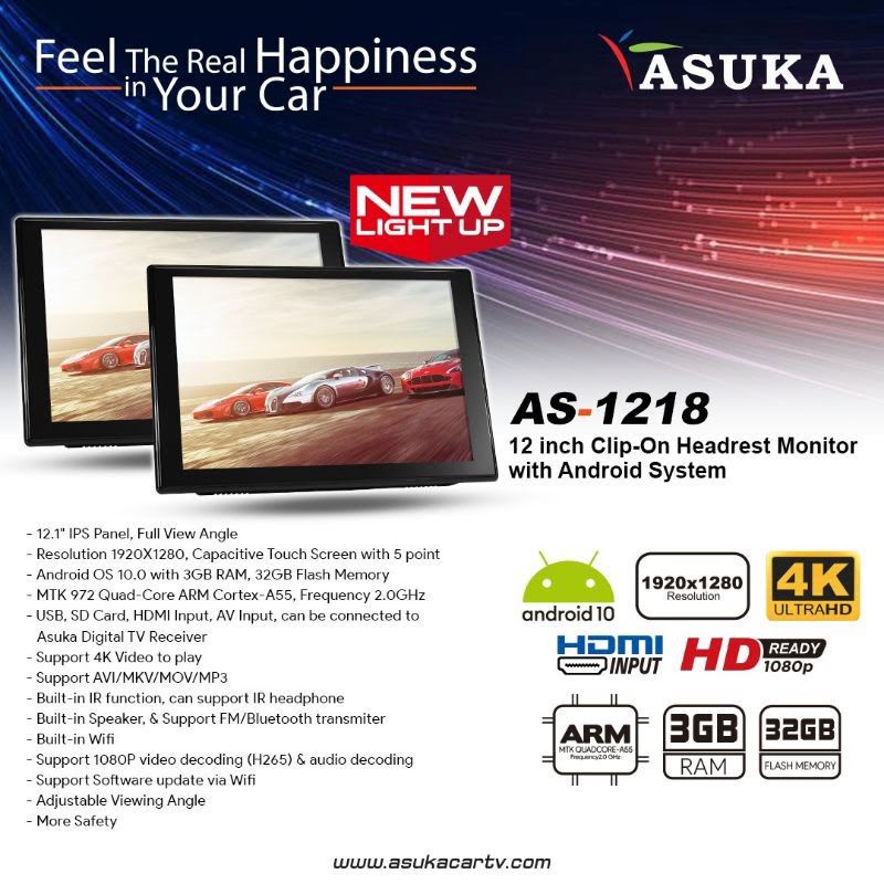 Headrest android clip on asuka 12.1 inch asuka as 1218 as1218 sepasang