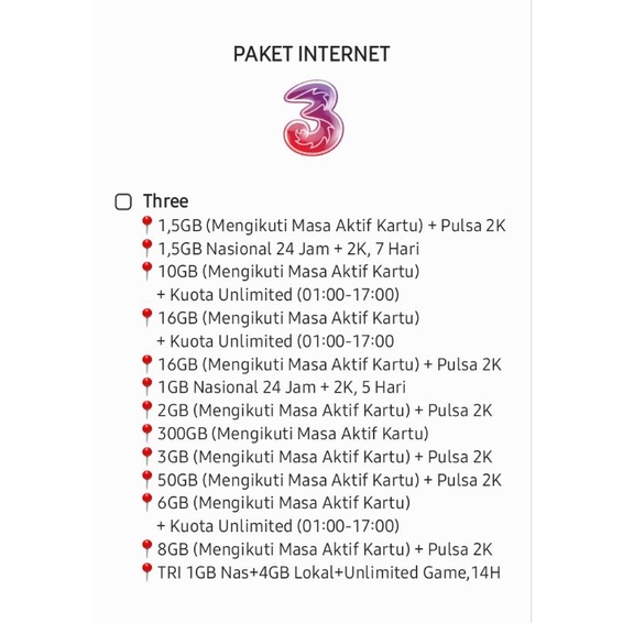 PAKET INTERNET 3 KUOTA 3 PAKET DATA 3