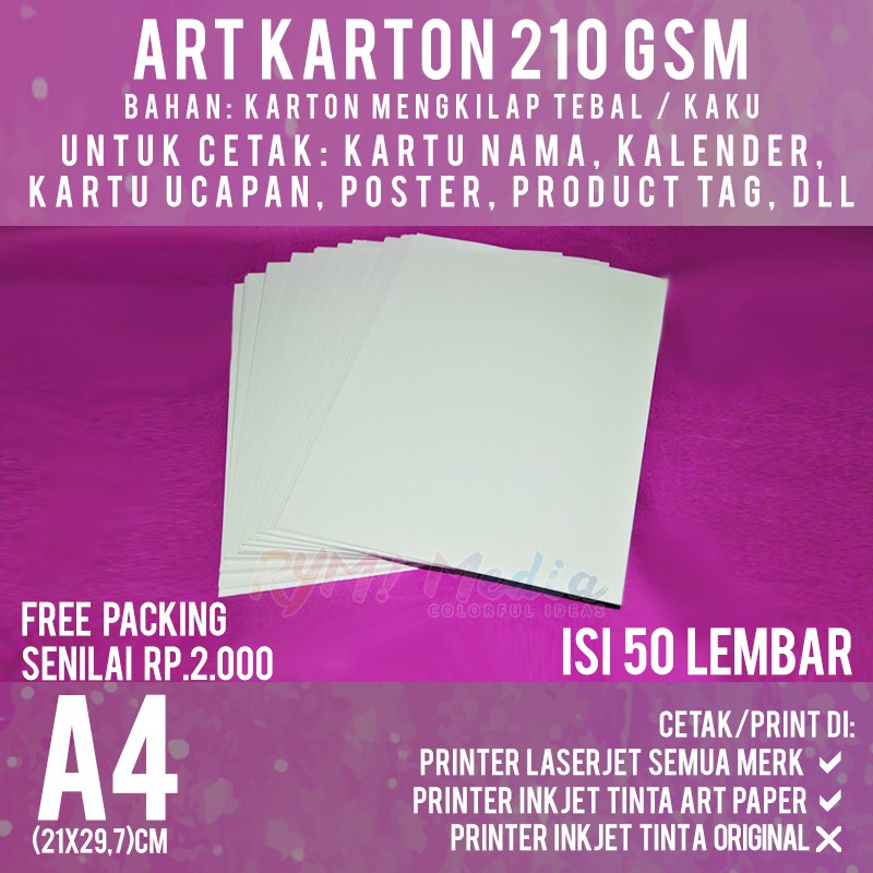 

Art Karton 210 gsm A4 isi 50 lbr / Kertas Carton Paper Glossy 210 gram