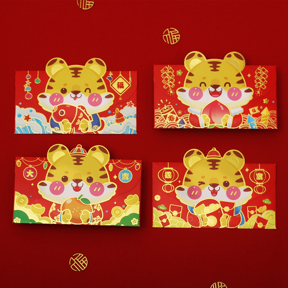 4 Pcs Amplop Angpao Tahun Baru Cina / Imlek Motif Kartun Harimau Warna Merah 2022