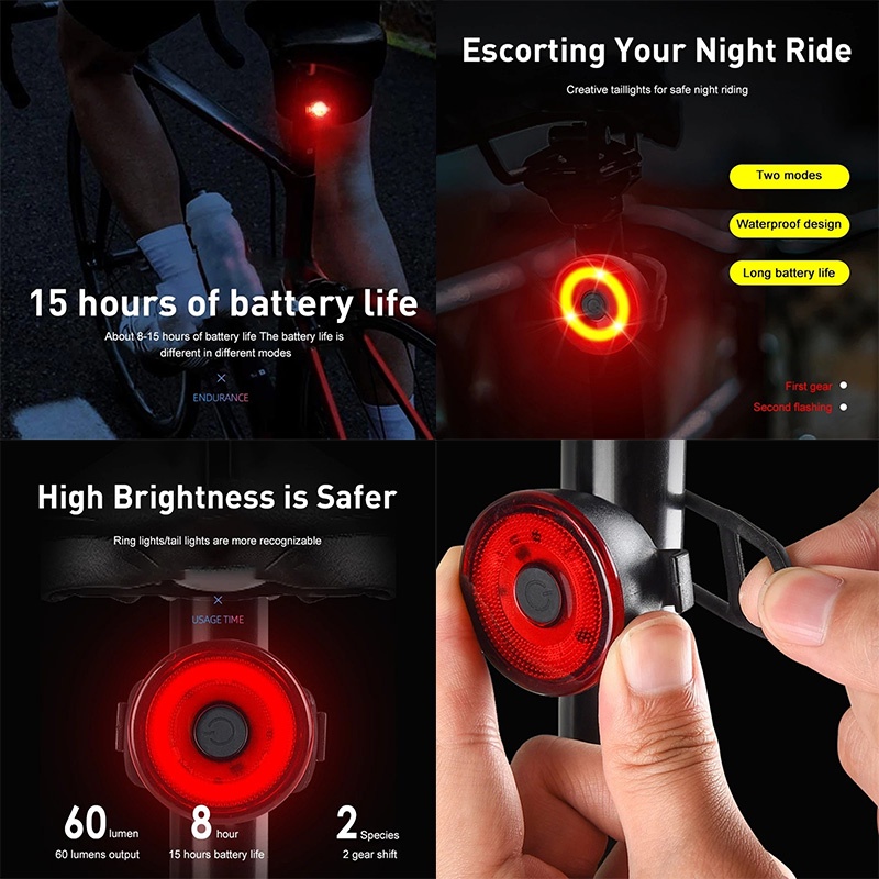 Lampu Belakang Sepeda Bersepeda Malam Terang Tinggi Beberapa Mode Pencahayaan Lampu Belakang Peringatan Rem Sepeda LED tipe baterai
