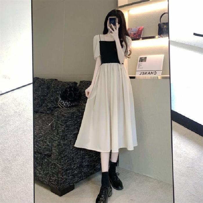 LADYSHOP D226 French gentle style summer new short-sleeved dress female net red retro waist high contrast square collar dress