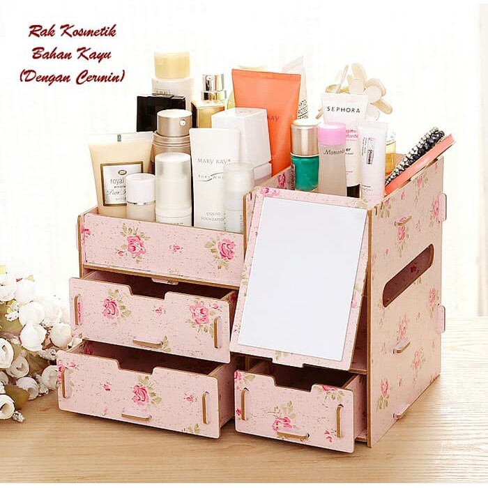 Rak kosmetik kayu storage laci cermin makeup lipstik bedak eye shadow