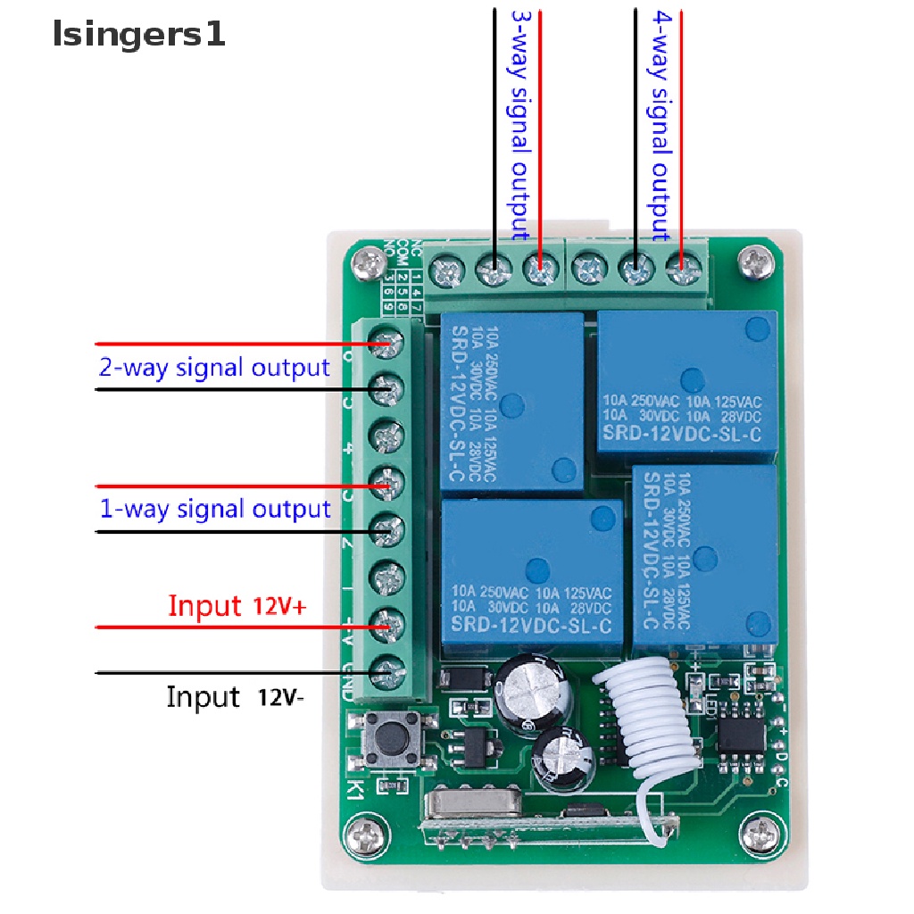 (lsingers1) Switch relay rf wireless 4ch DC 12v 10a 433mhz