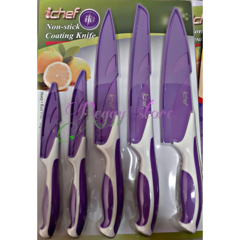 Pisau Set Ungu iChef  / Pisau Stainless  non stick ichef coating knife with cover - Ungu