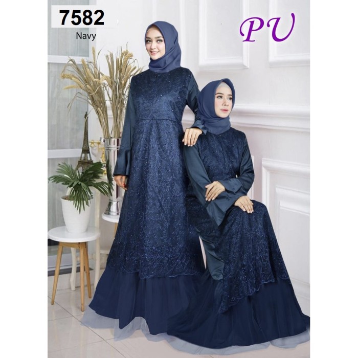 7589 Baju gamis terbaru biru dongker navy bordir tile murah 7582 - Navy