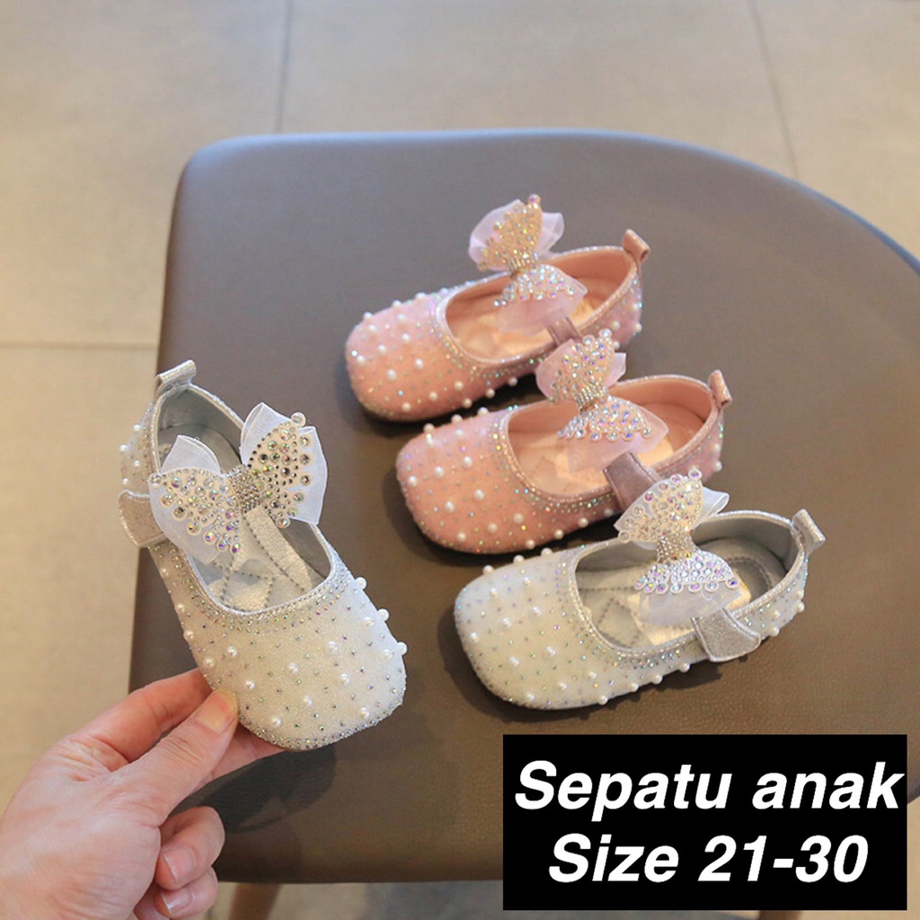 (LOLI-JKT) SP-972 SEPATU ANAK MUTIARA PITA BUTTERFLY SIZE  21-30