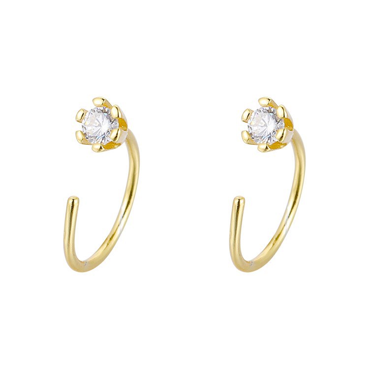 Anting Stud Zircon Bentuk C Bahan s925 Silver Warna Emas Dan Perak Untuk Wanita