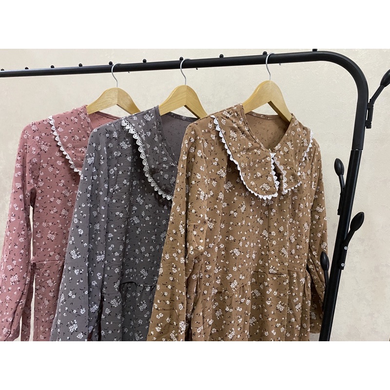 MIDI DRESS KERAH KOREA BORDIR BUNGA KECIL