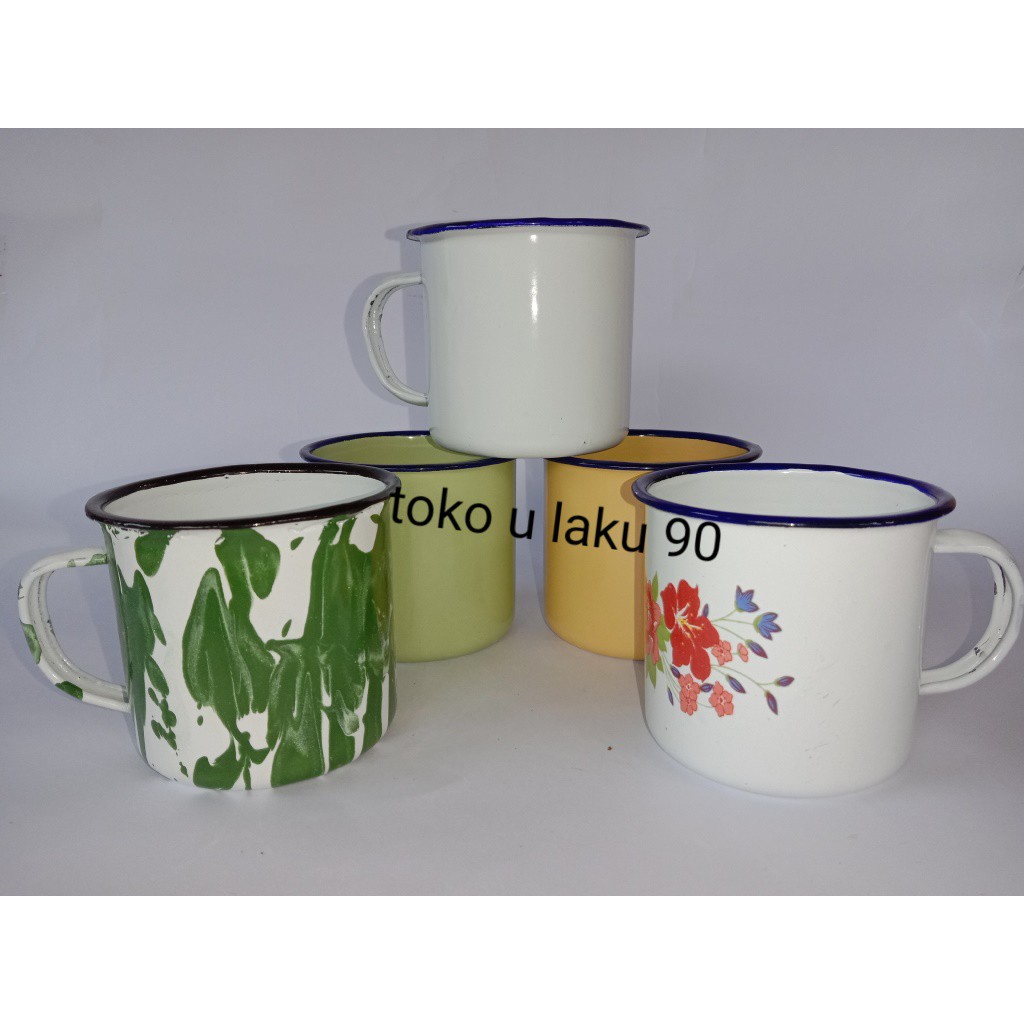 CANGKIR ENAMEL SENG/BLEK JADUL 7CM, CANGKIR KOPI, CANGKIR ENAMEL MOTIF BUNGA,, LURIK DAN POLOS,(5pc)