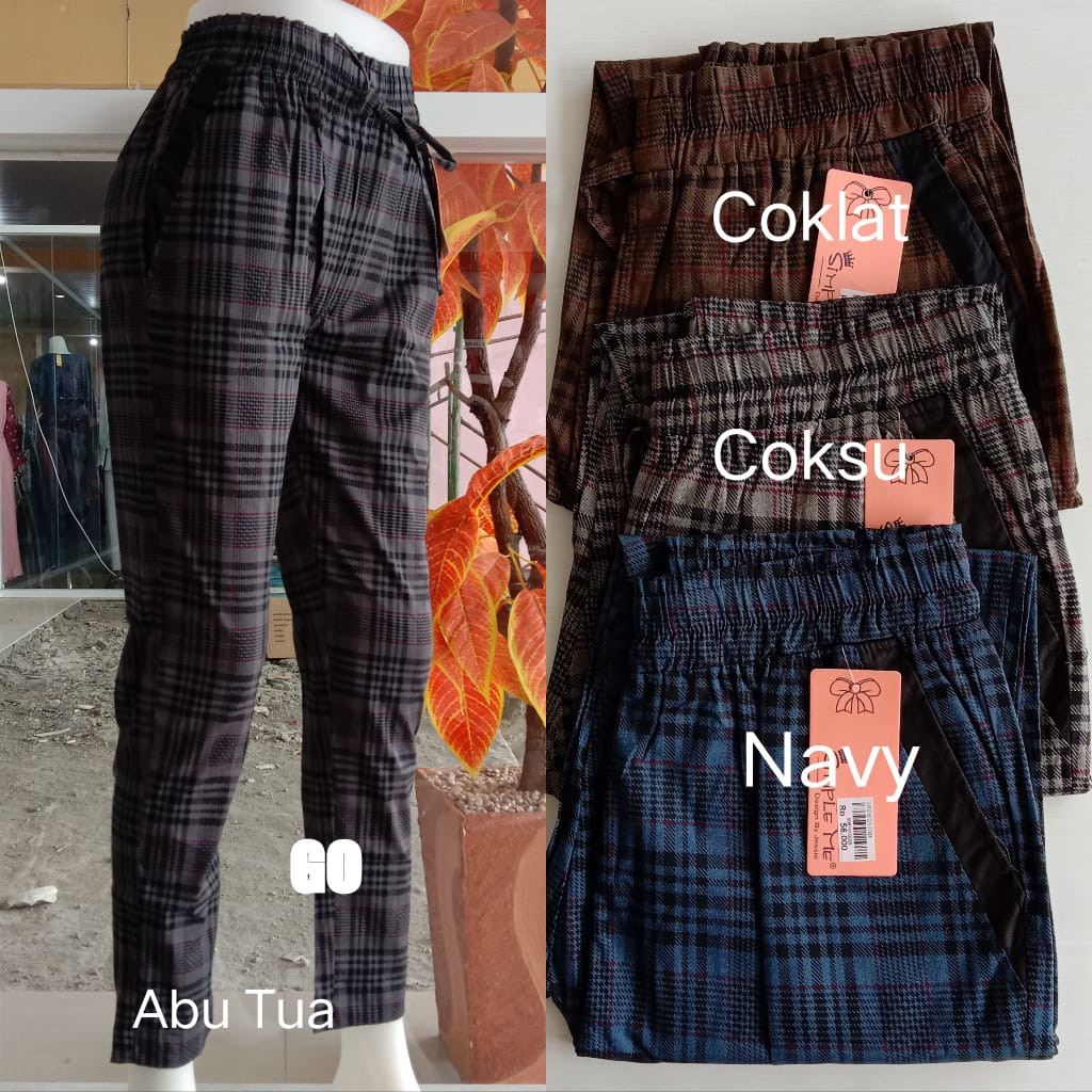 gof Celana Panjang Baggy Kombinasi Motif Kotak dan Salur Celana Wanita